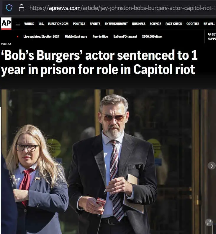 A screenshot of an AP News article headline about a 'Bob's Burgers' actor being sentenced to one year in prison for his role…