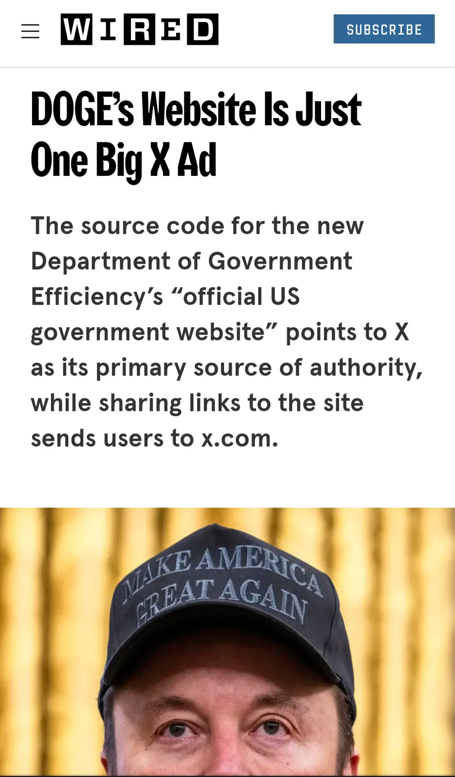 The image shows a screenshot of a WIRED article with the headline 'DOGE's Website Is Just One Big X Ad' and a subtext…