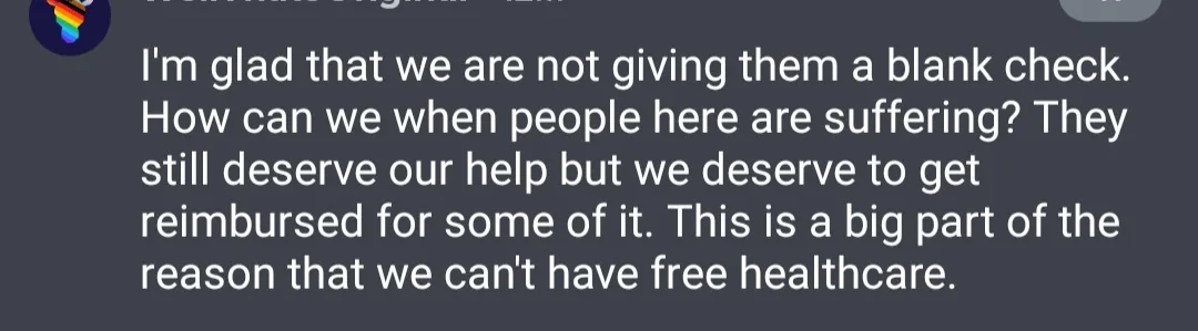 A screenshot of a dark gray social media comment thread with white text. The visible text is a long paragraph expressing…