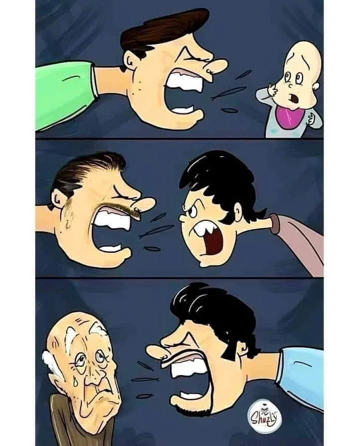 A three-panel comic strip shows a man yelling at a baby, then yelling at another man, then yelling at an elderly man, with…