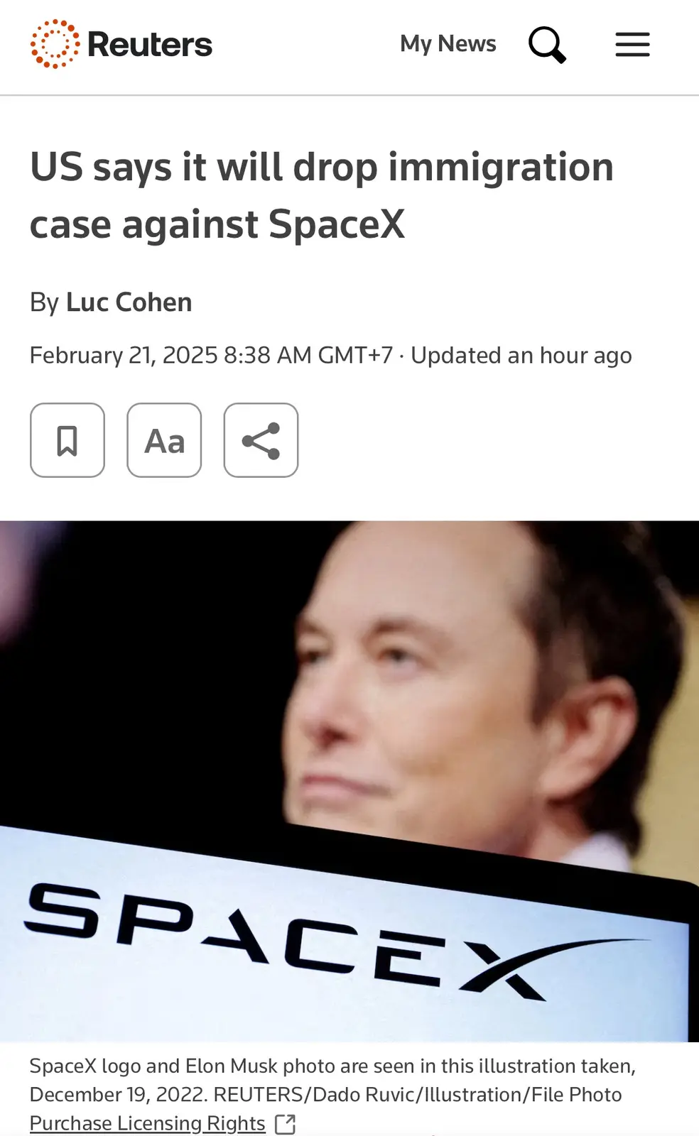A screenshot of a Reuters news article dated February 21, 2025, with the headline 'US says it will drop immigration case…