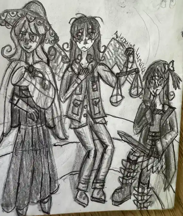 A hand-drawn black-and-white sketch shows three anime-style female characters. The central figure holds a set of scales and…