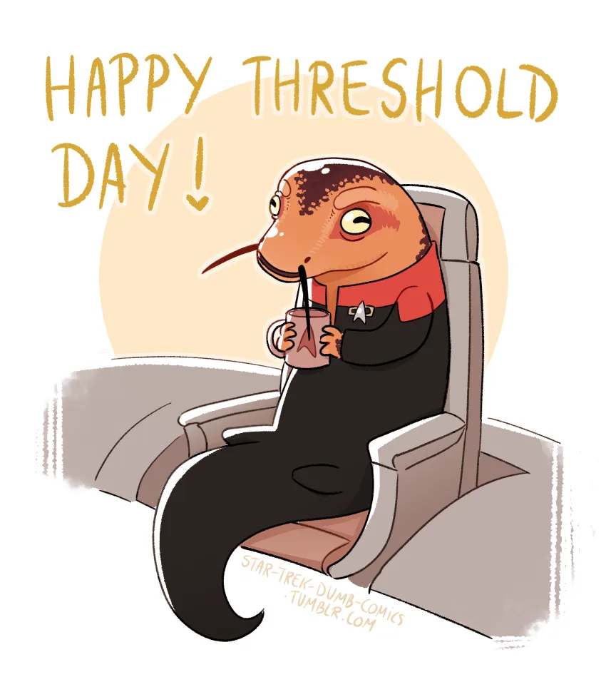 A cartoon Klingon character in a Star Trek uniform sits relaxed in a chair, sipping from a mug with a straw. The text 'HAPPY…