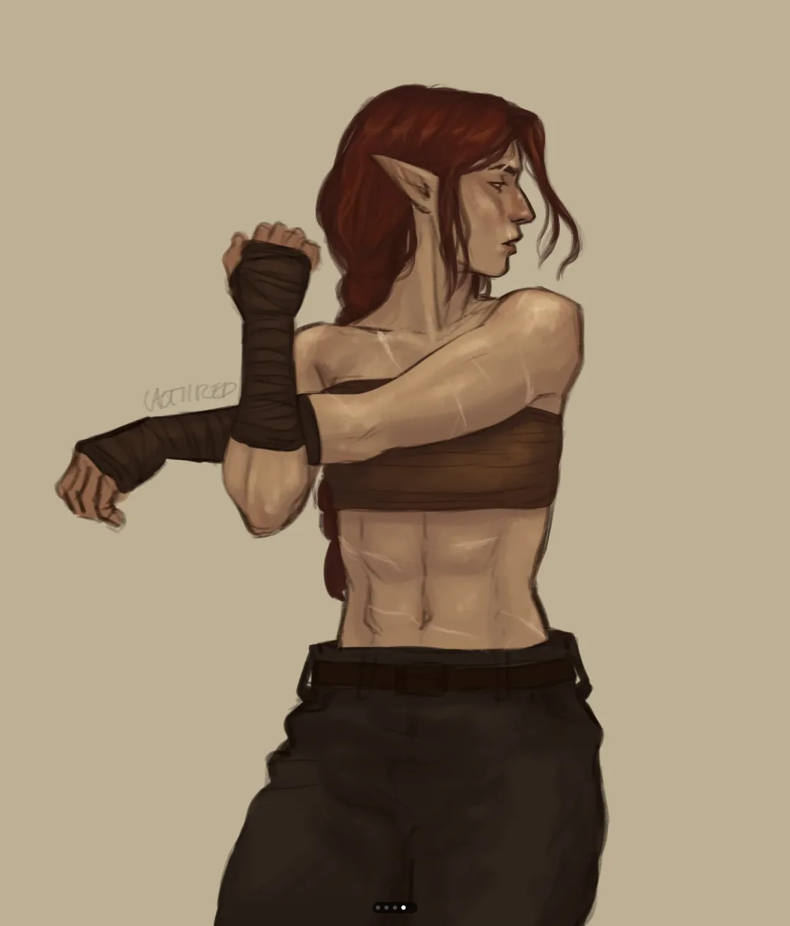 A digitally drawn elf woman with red hair and pointed ears, shown in profile, wearing a brown wrapped top and dark pants…