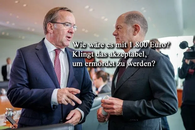 Two men in suits are shown in a formal setting, one gesturing while speaking to the other. Overlaid text in German reads…