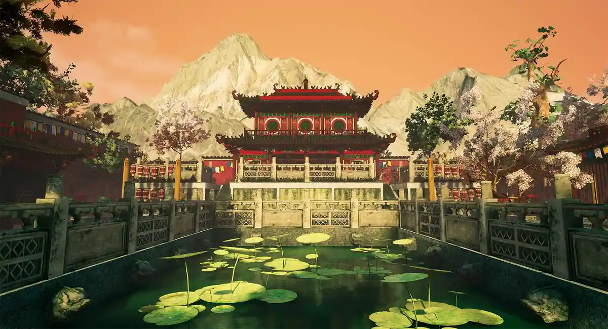 A serene, computer-generated image of a traditional East Asian temple with red roofs and ornate details, surrounded by a…
