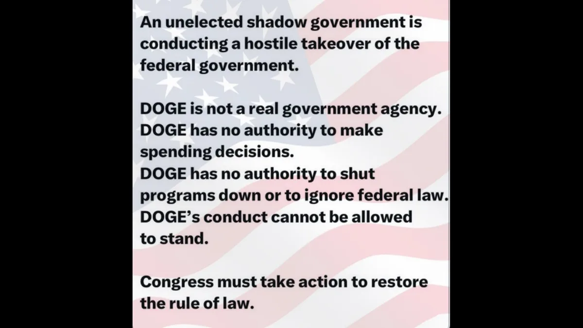 The image displays a list of claims overlaid on a faded American flag background. The text accuses an entity called 'DOGE'…