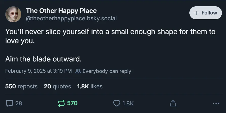 A screenshot of a post from 'The Other Happy Place' on a social media platform, showing text that reads 'You'll never slice…