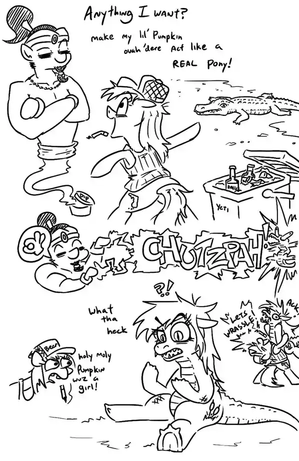 A black-and-white comic strip shows a genie granting a wish for a 'lil' Pumpkin to act like a real pony, which causes a…