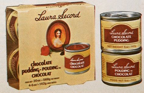 An old advertisement for Laura Secord chocolate pudding shows a vintage cardboard box and two metal cans with the brand name…