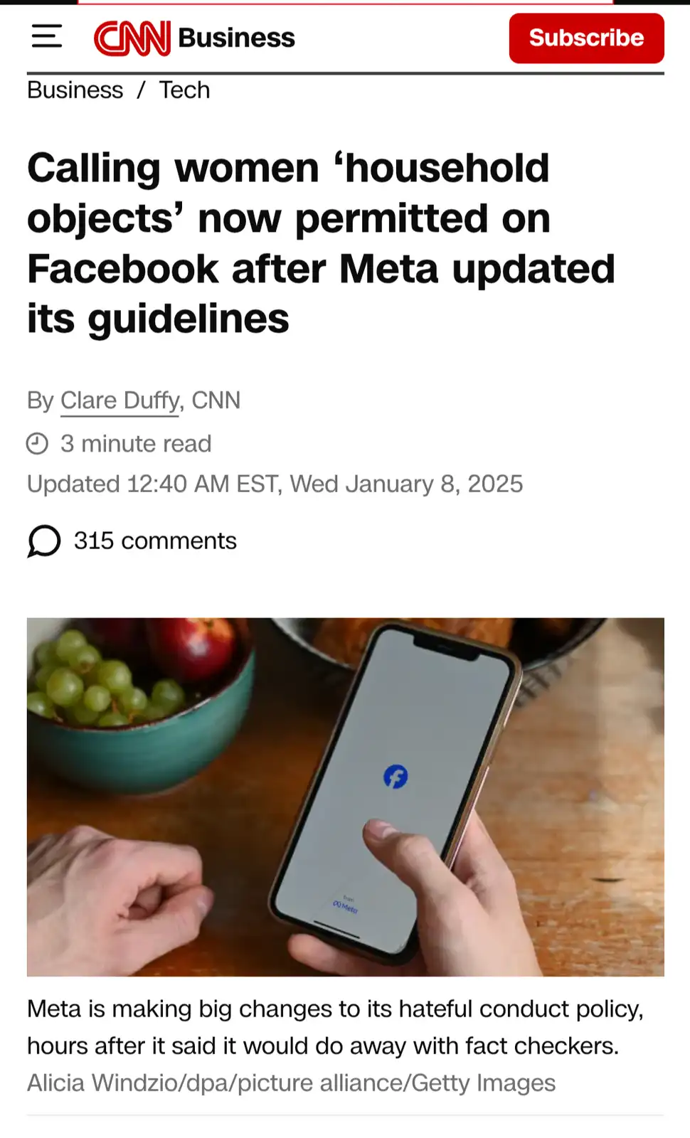 A screenshot of a CNN Business article with the headline 'Calling women ‘household objects’ now permitted on Facebook after…