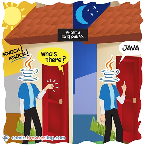 A split-panel cartoon shows a person knocking on a door during daytime, asking 'Who's There?' The second panel, set at…