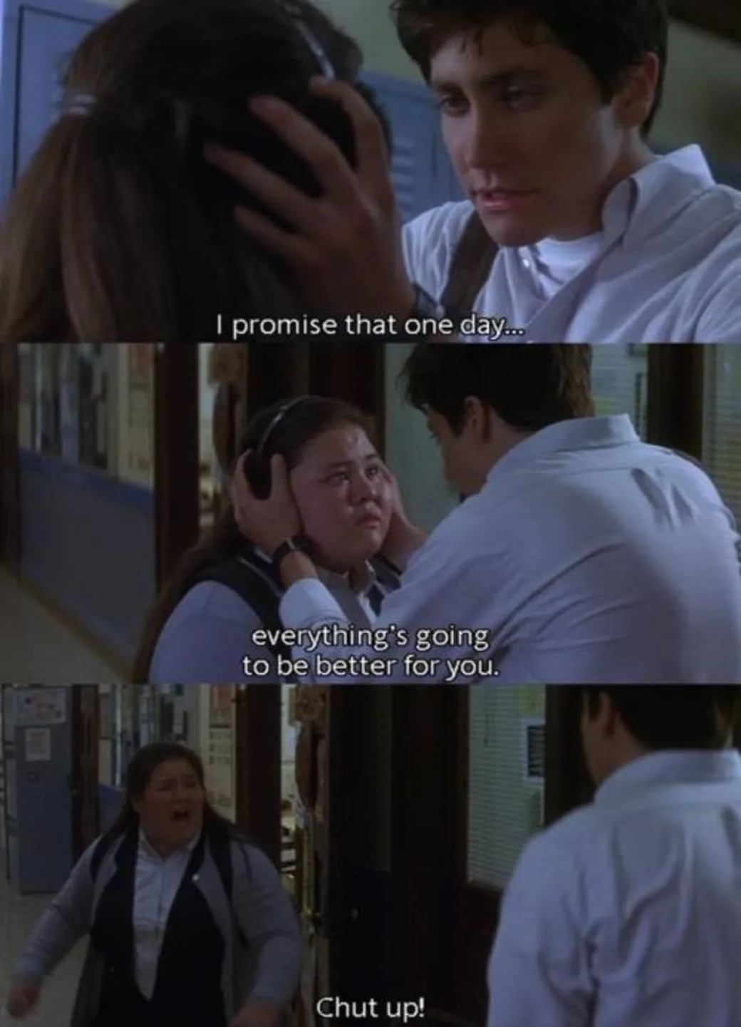 A three-panel meme from the movie '10 Things I Hate About You' showing a boy comforting a girl in a school hallway. In the…