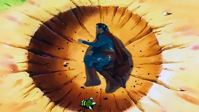 A still from an animated film shows a superhero in a blue suit and red cape falling through a large, circular hole in the…