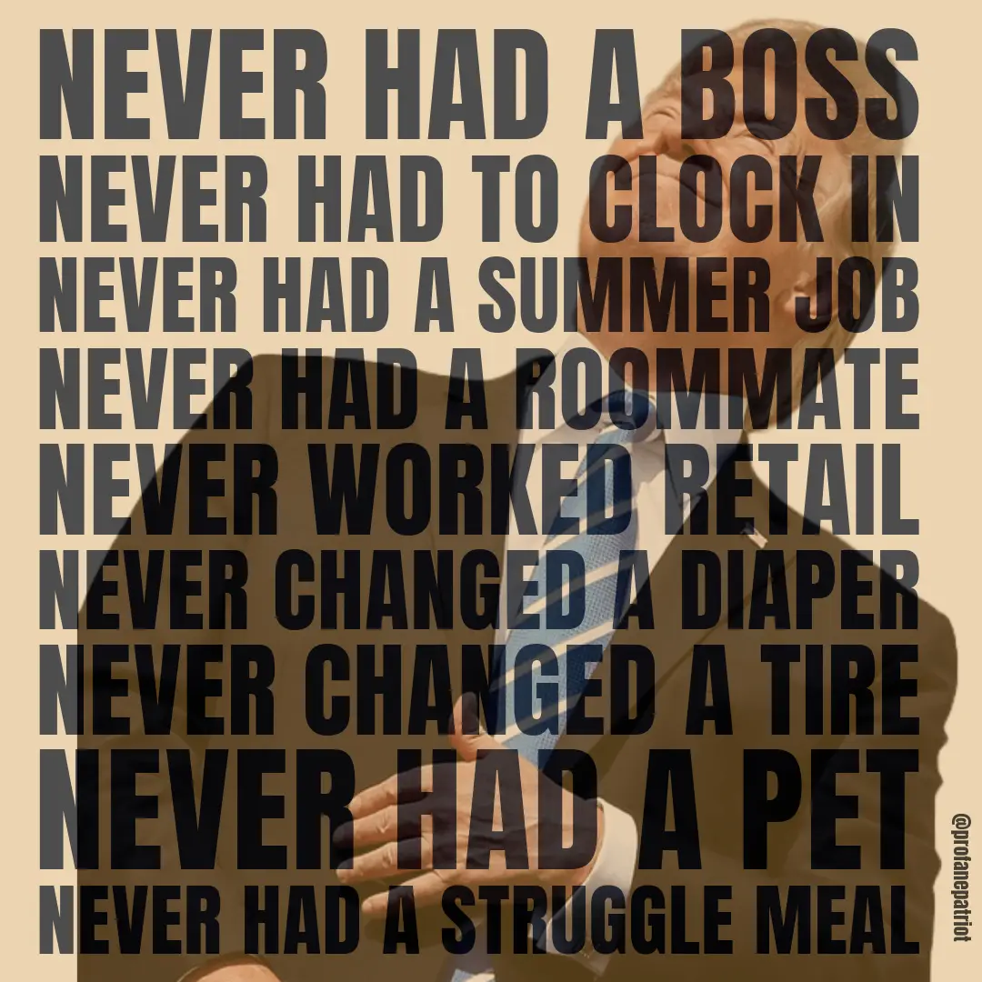 A man in a suit and tie is shown with large bold text overlaid listing various life experiences he supposedly never had…