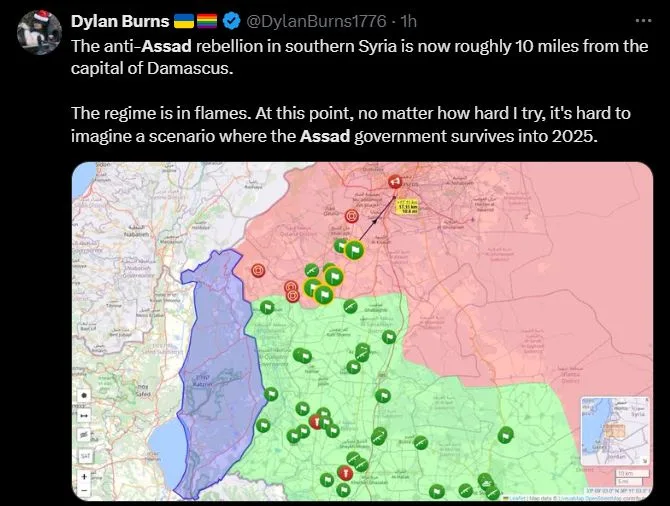 A screenshot of a tweet by Dylan Burns showing a map of southern Syria with colored zones and numerous green and red…