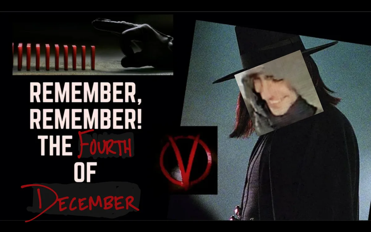 A collage featuring a gloved hand pushing red dominoes, a red V for V for Vendetta symbol, and a person in a black hat with…