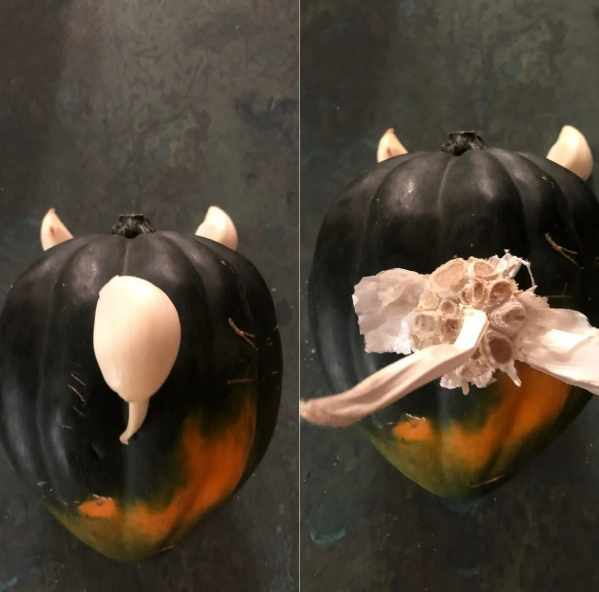 a split image shows a black pumpkin decorated with garlic cloves to resemble a devil with horns and a tail; the right panel…