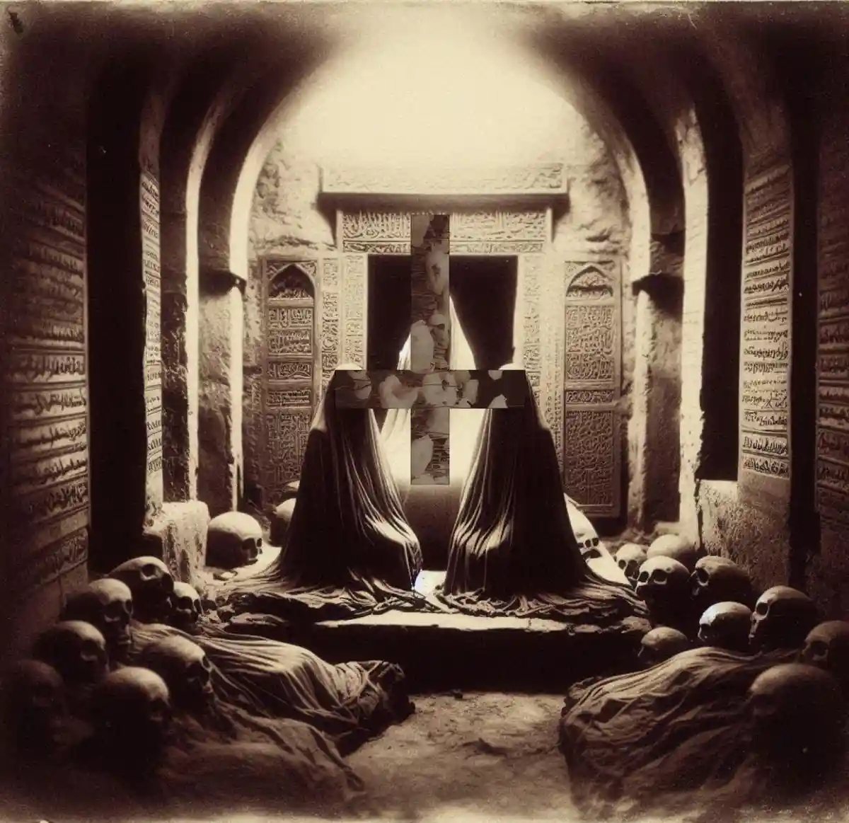A sepia-toned, eerie image depicts a dimly lit, ornate chamber with Arabic calligraphy on the walls and numerous human…