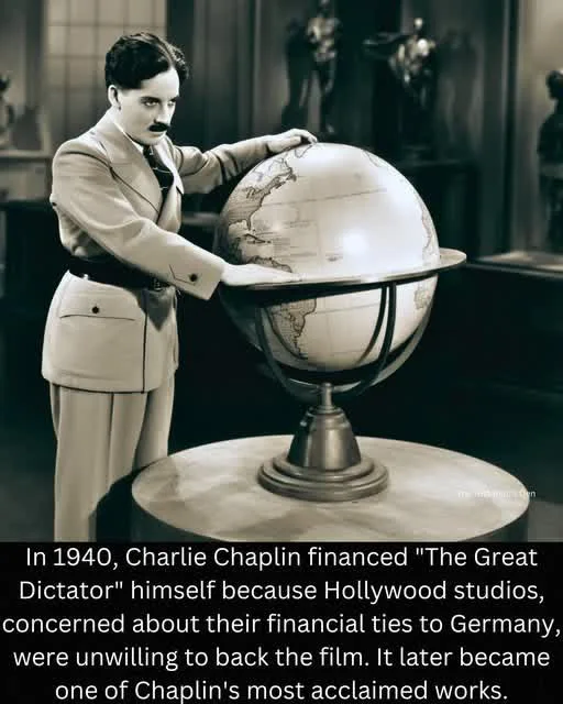 A sepia-toned historical photograph shows Charlie Chaplin in a light-colored suit, standing beside a large globe on a…
