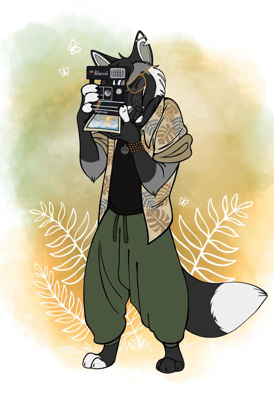 An anthropomorphic black and white fox wearing sunglasses, a patterned open shirt, and green pants, holds a Polaroid camera…