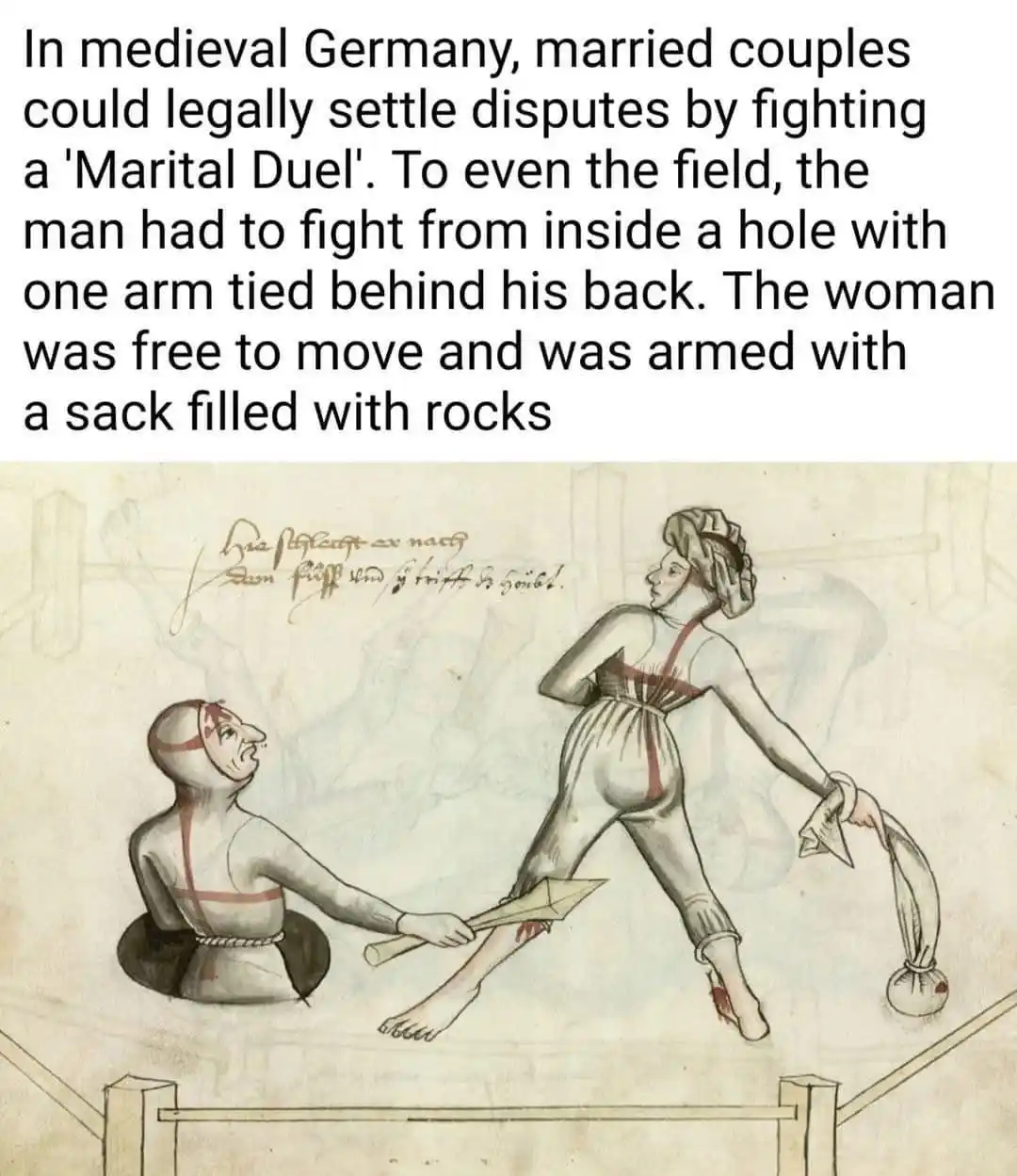 An illustration depicts a medieval-style duel between a man confined in a hole with one arm tied behind his back and a woman…