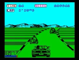 A screenshot from a retro racing video game shows a tank-like vehicle in the foreground on a green track with mountains in…