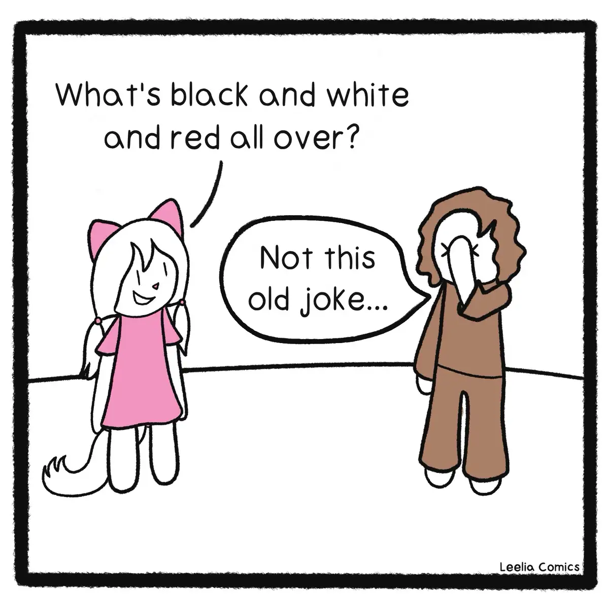A cartoon drawing shows two characters: one with cat ears and a pink dress asking a riddle, while the other, with brown hair…