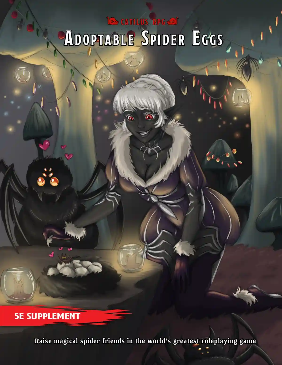 An illustrated fantasy RPG supplement cover titled 'Adoptable Spider Eggs' by 'Catilus RPG', featuring a smiling…