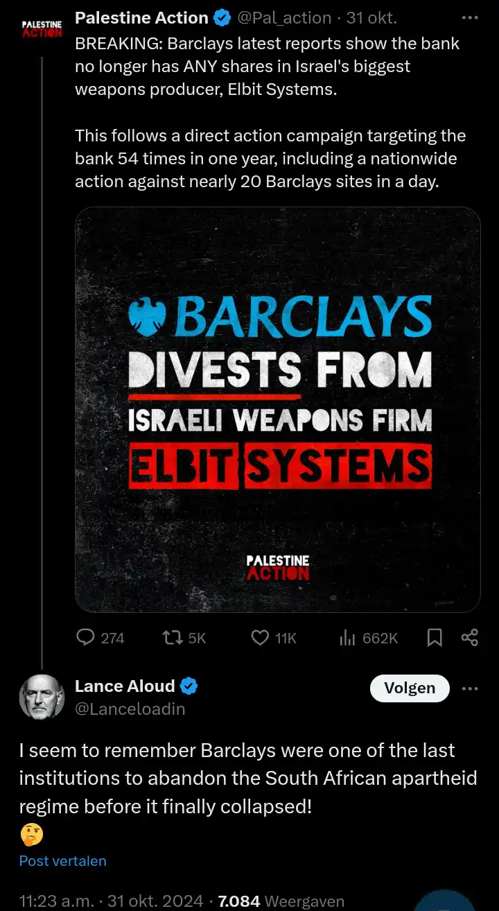 A screenshot of a Twitter post by Palestine Action announcing Barclays divestment from Elbit Systems, accompanied by a…