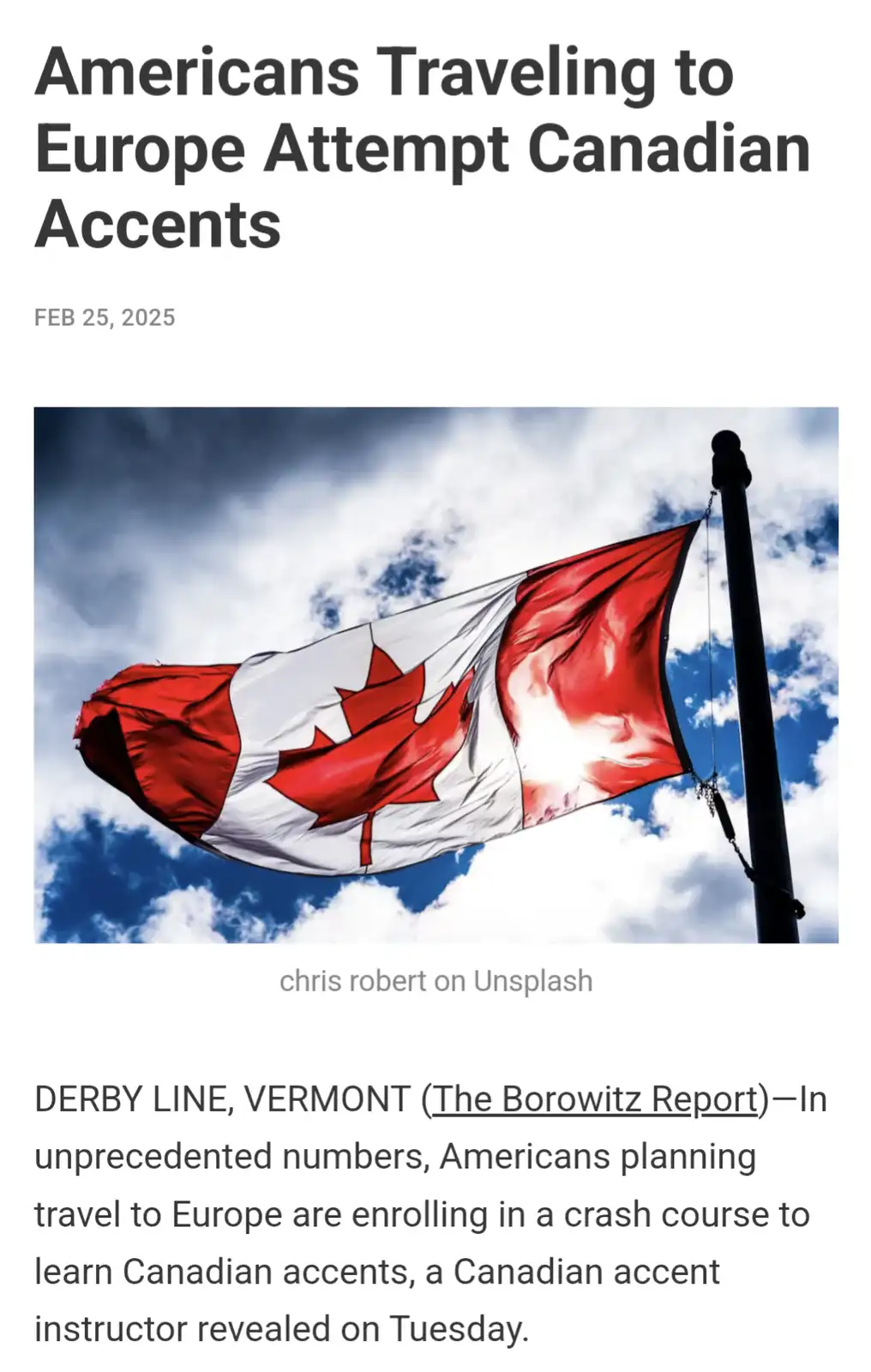 The image displays a Canadian flag waving against a partly cloudy blue sky, overlaid with a fake news article headline and…
