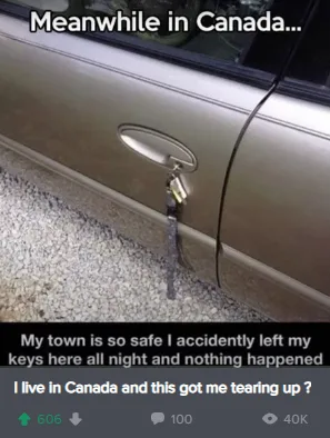 A close-up photo shows a set of car keys hanging from the door handle of a silver car, with the keychain dangling down…
