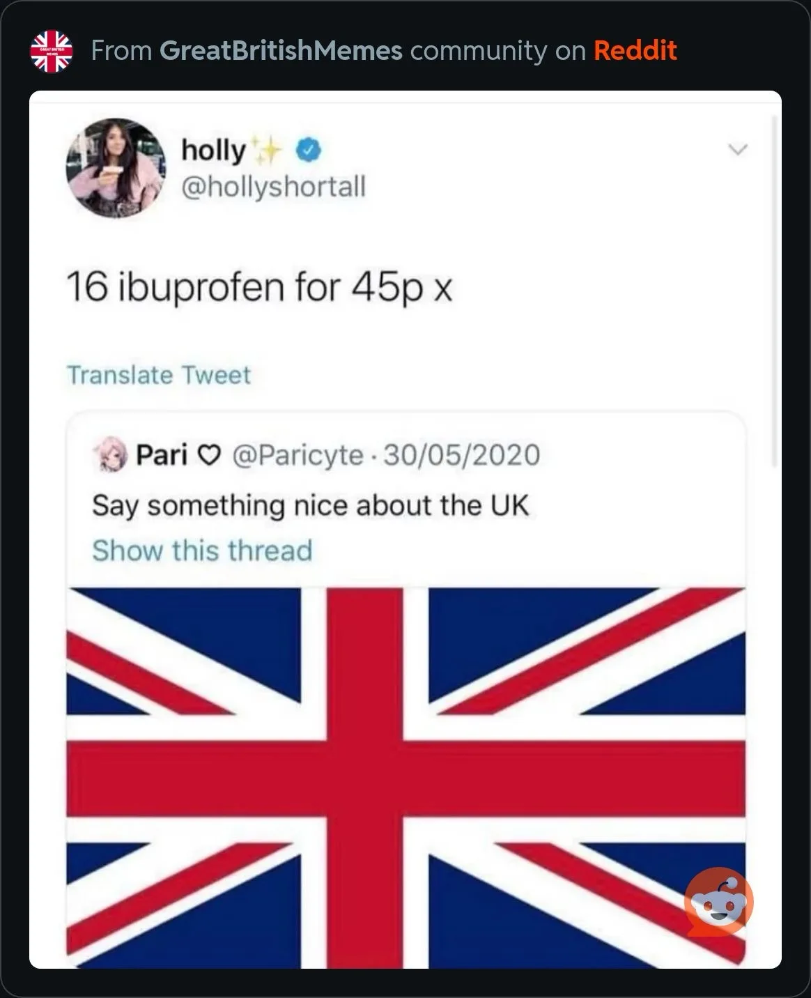 A screenshot of a Twitter thread shows user 'holly' posting '16 ibuprofen for 45p x' as a response to a prompt from user…