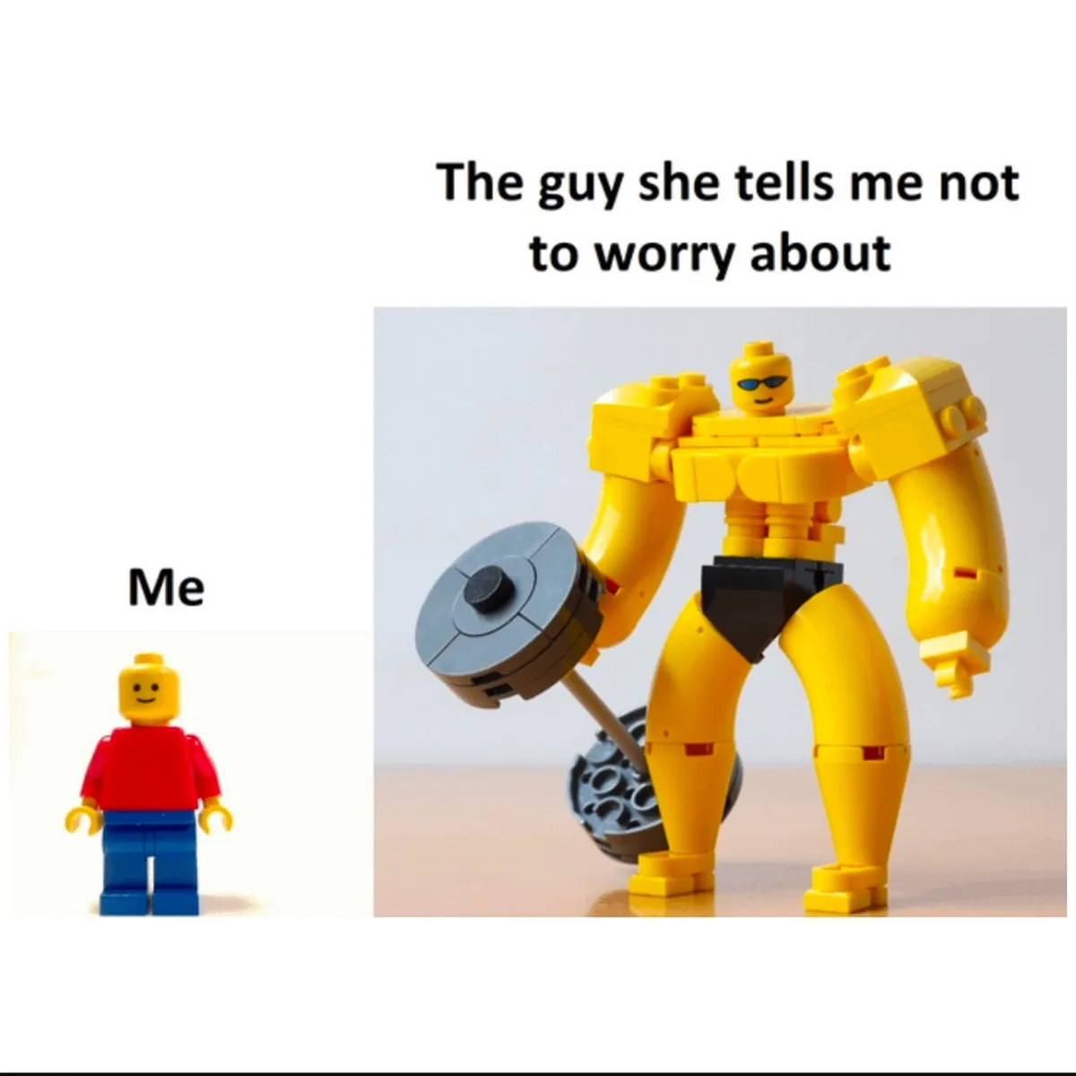 A split image shows a small, normal-sized Lego minifigure labeled 'Me' on the left, and a massively muscular, yellow Lego…
