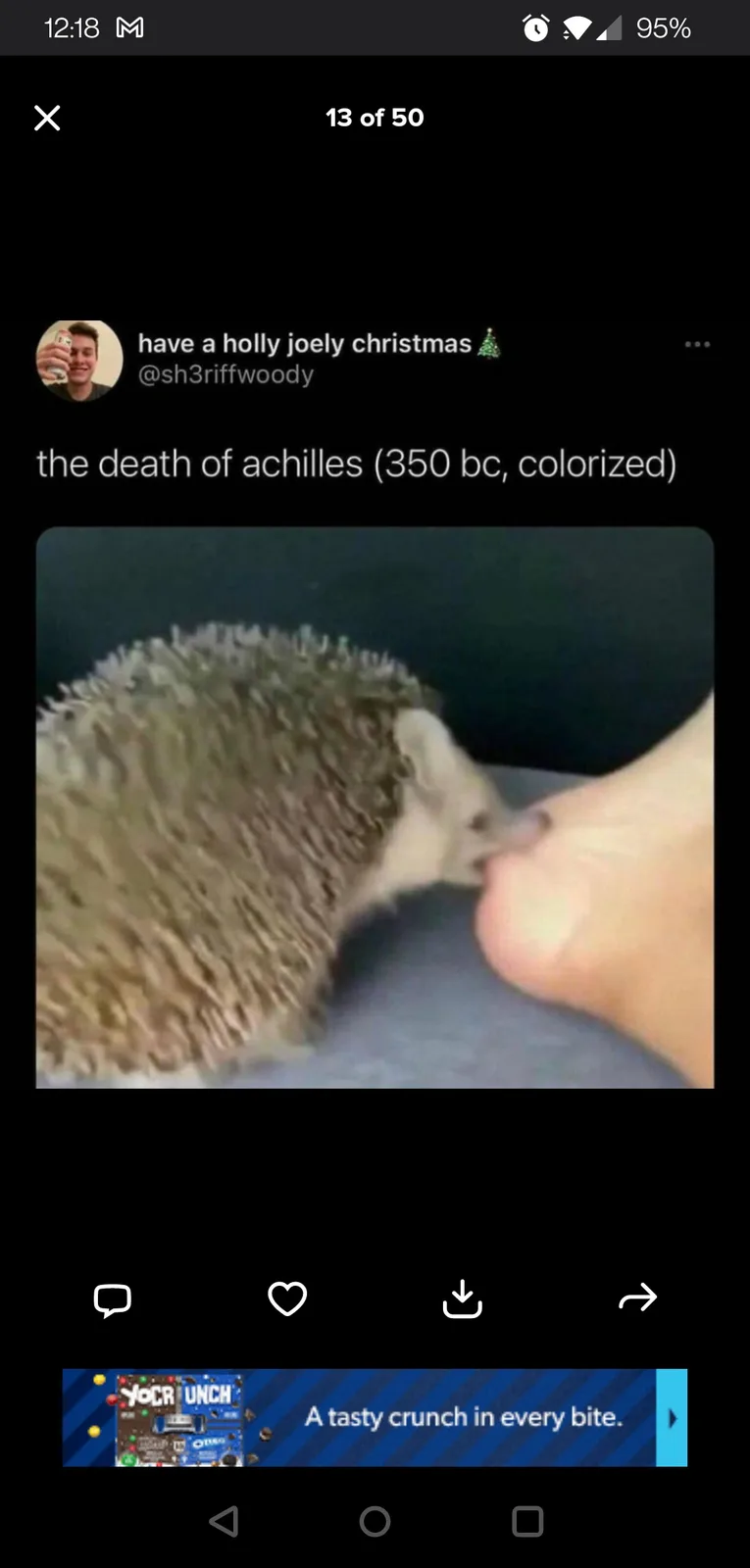 A small hedgehog is shown nuzzling or biting a person's finger. The overlaid text reads 'the death of achilles (350 bc…