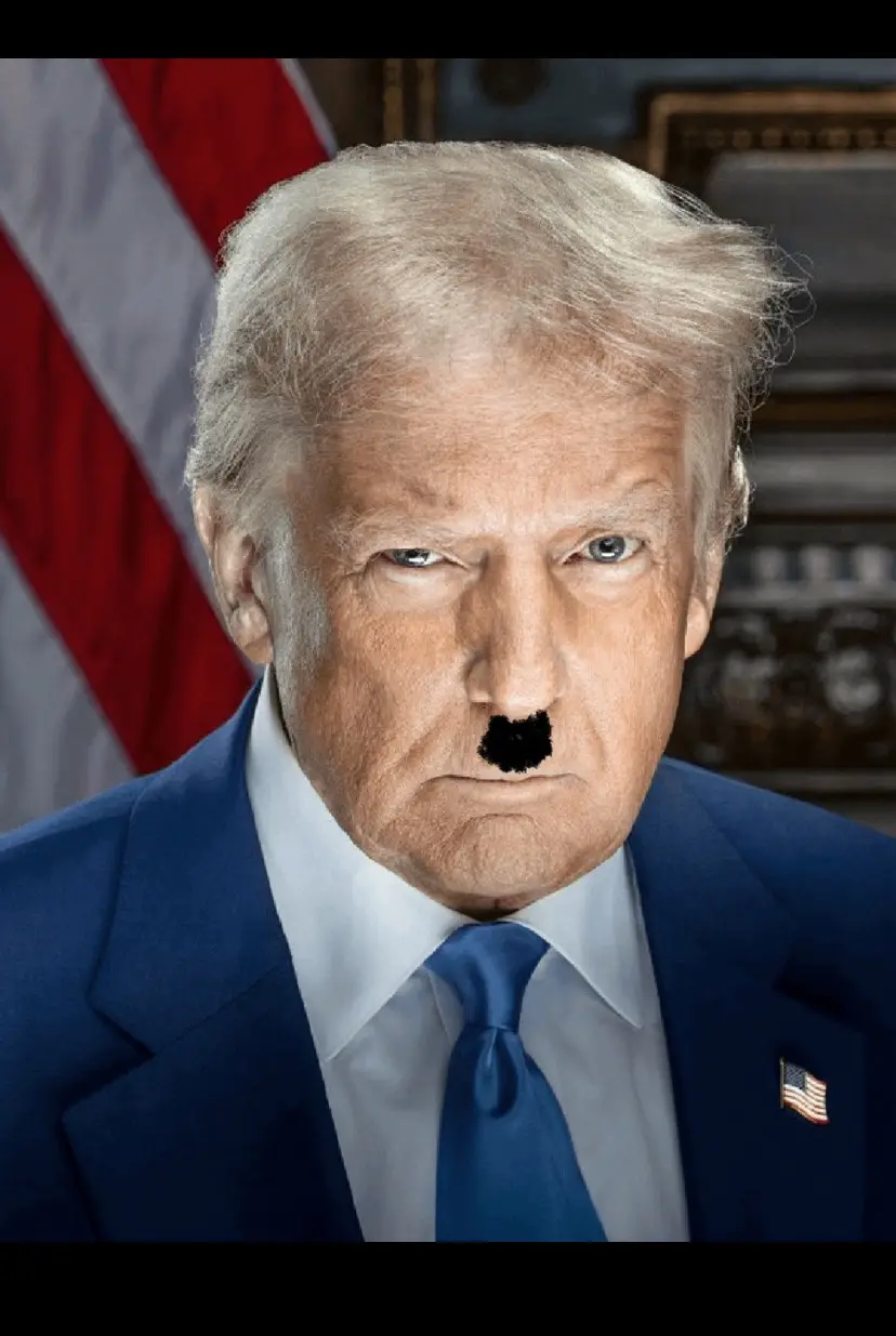 a digitally altered photo of Donald Trump, who is wearing a blue suit and tie with an American flag pin, has a black…
