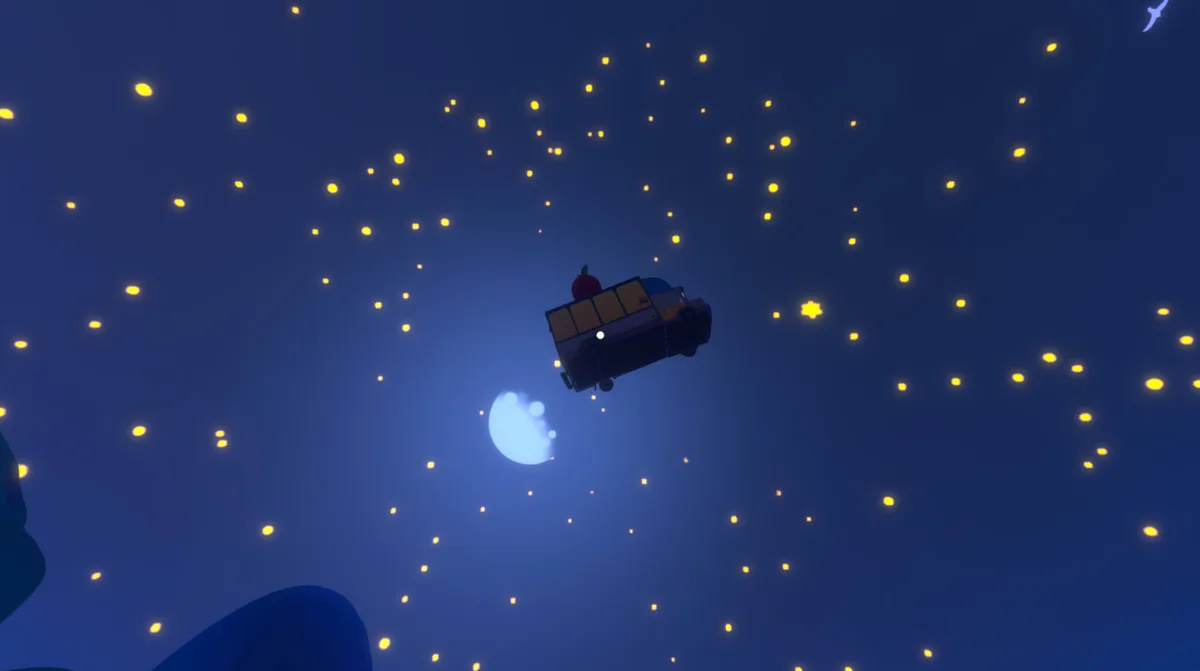 A cartoon school bus with a red apple on top floats upside down in a dark blue night sky filled with glowing yellow stars…
