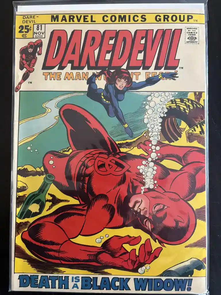 A vintage Daredevil comic book cover from Marvel Comics Group, issue #81, shows the hero lying dead in the sand with bubbles…