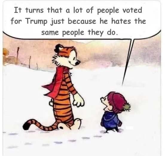 A cartoon image shows Calvin, a small boy in a red hat and blue coat, looking up at his father, a tiger wearing a red scarf…