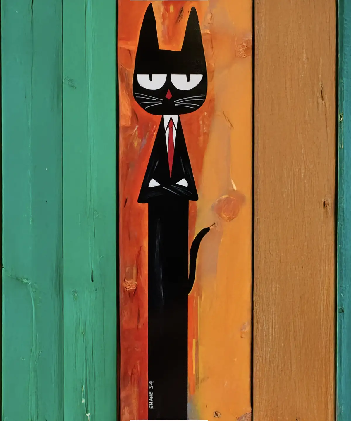 A stylized black cat painting on a wooden plank, wearing a suit and red tie, with a stern expression, set against a…