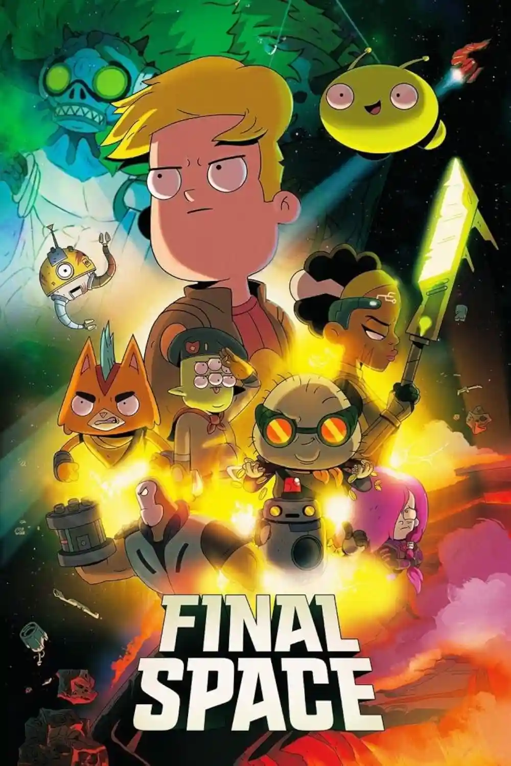 A vibrant animated poster for the show 'Final Space' featuring a central blonde-haired male character surrounded by a…