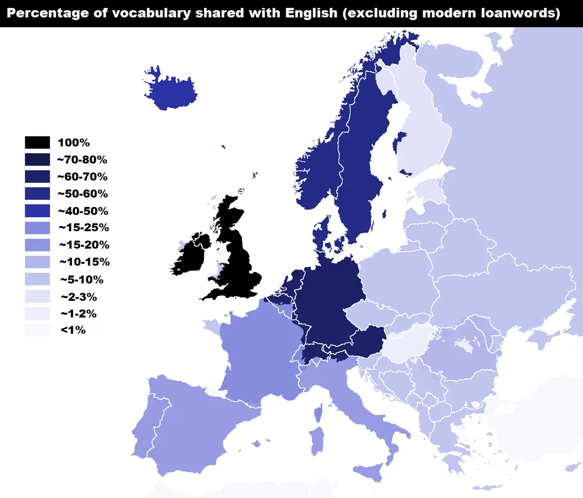 A map of Europe showing the percentage of vocabulary shared with English, excluding modern loanwords, with a color-coded…
