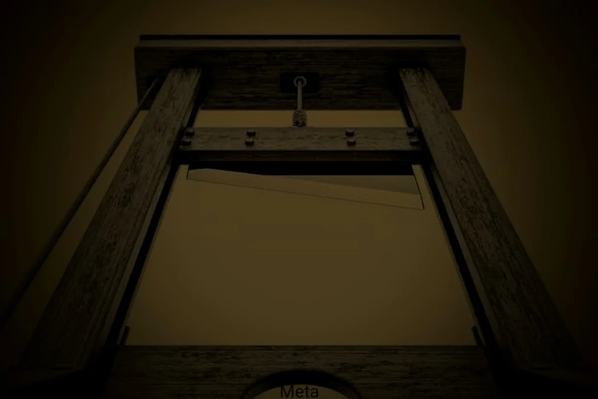 A low-angle shot of a dark, ominous guillotine with a blade poised to fall, overlaid with the word 'Meta' at the bottom. The…