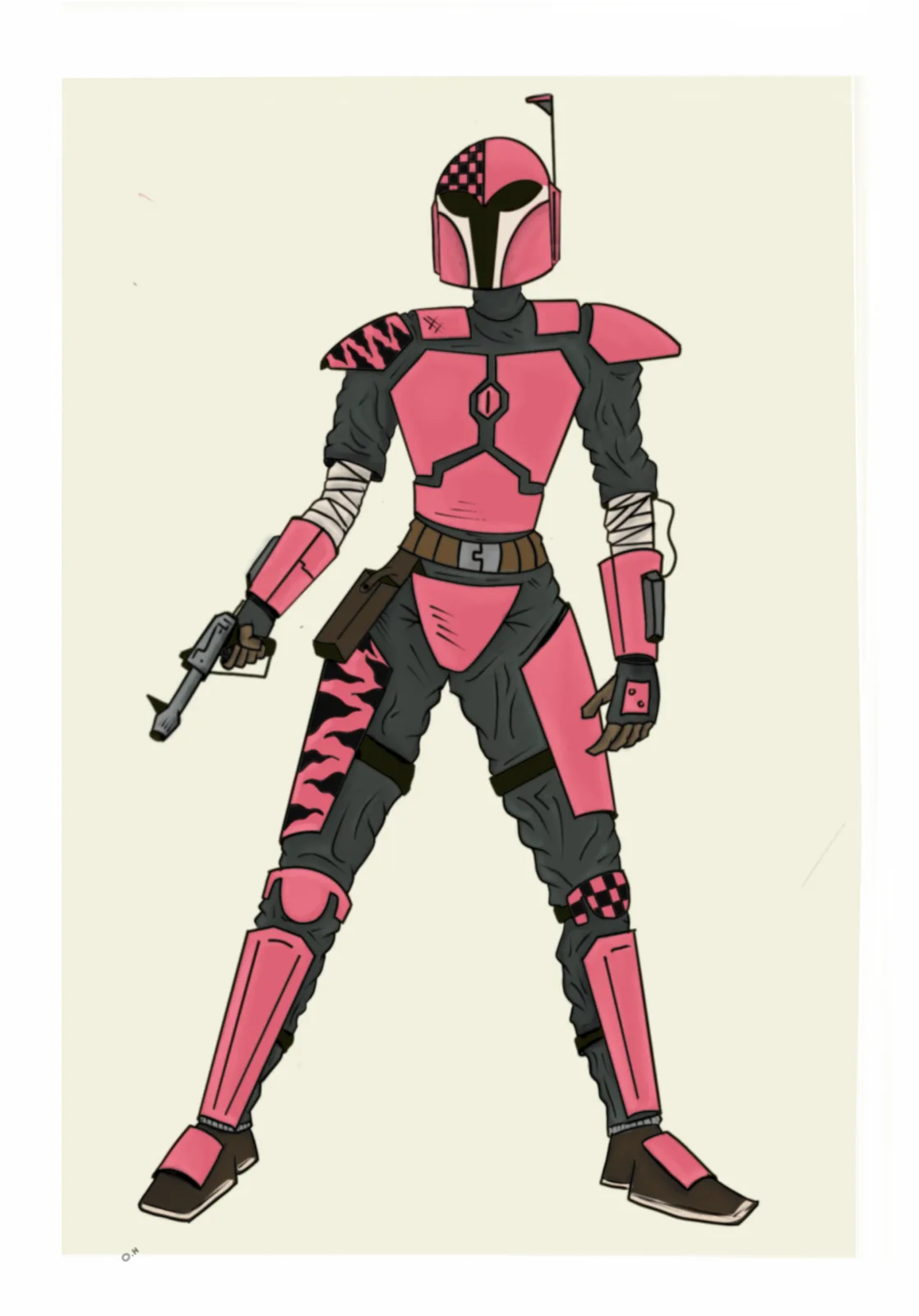 A full-body illustration of a Mandalorian-style warrior in a predominantly pink and black armored suit, holding a blaster…