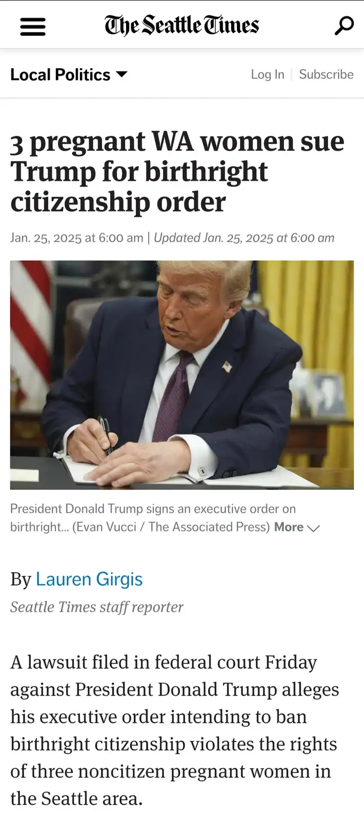 A screenshot of a Seattle Times news article shows a photo of Donald Trump signing a document, with the headline '3 pregnant…