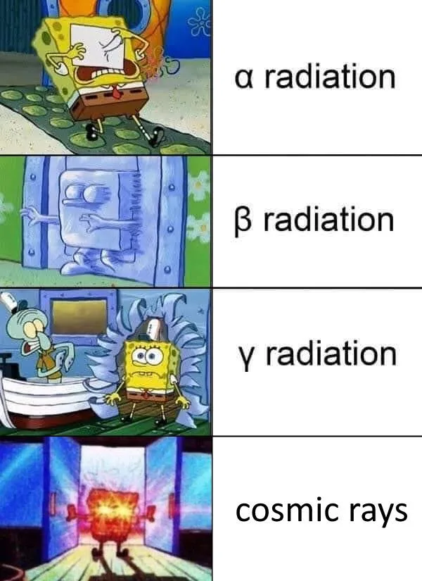 A four-panel meme using scenes from SpongeBob SquarePants to humorously depict escalating levels of radiation danger. The…