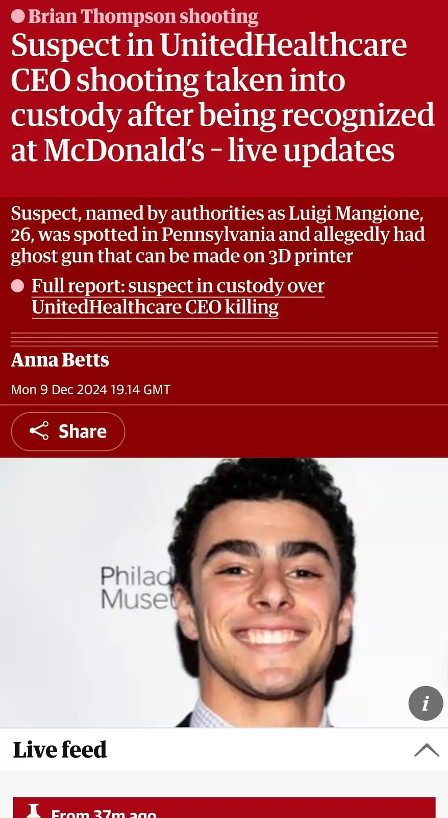 The image displays a news article headline about the arrest of Luigi Mangione, the suspect in the UnitedHealthcare CEO…