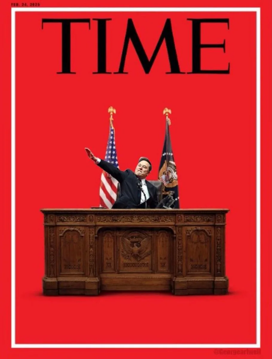 A digitally altered image mimicking a TIME magazine cover from Feb. 24, 2025, featuring a man in a suit seated at a…