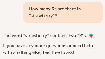 A chat-style image shows a question asking how many 'R's are in 'strawberry', followed by an answer stating there are two…