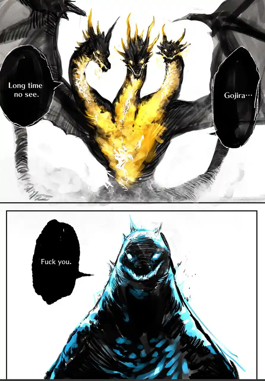 The image is a two-panel comic. The top panel shows a three-headed dragon-like creature with black and gold scales, wings…